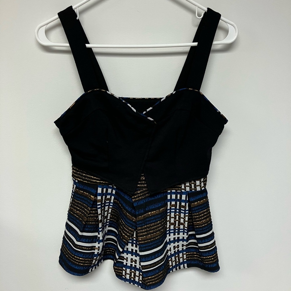 Deletta, Black and Blue Patterned Top, 
XS